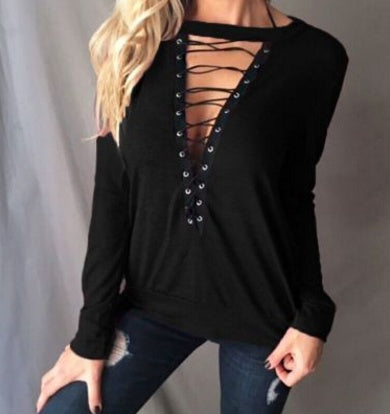 Women Lace up Tops Bandage Long Sleeve V Neck Shirt